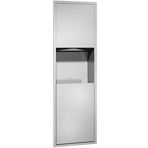 A stainless steel rectangular waste receptacle with a door.