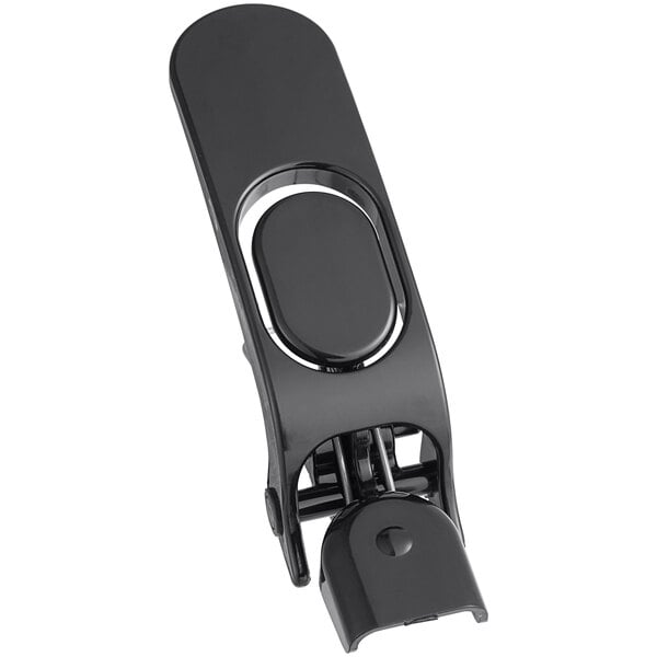 A black clip with a round object on a white background.