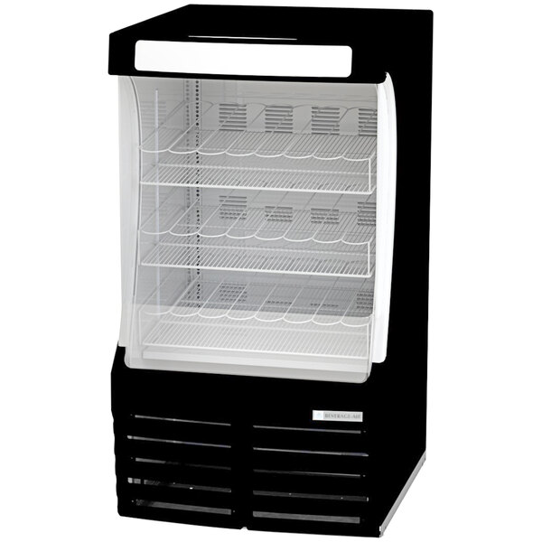 A black Beverage-Air vertical air curtain merchandiser with a door open.