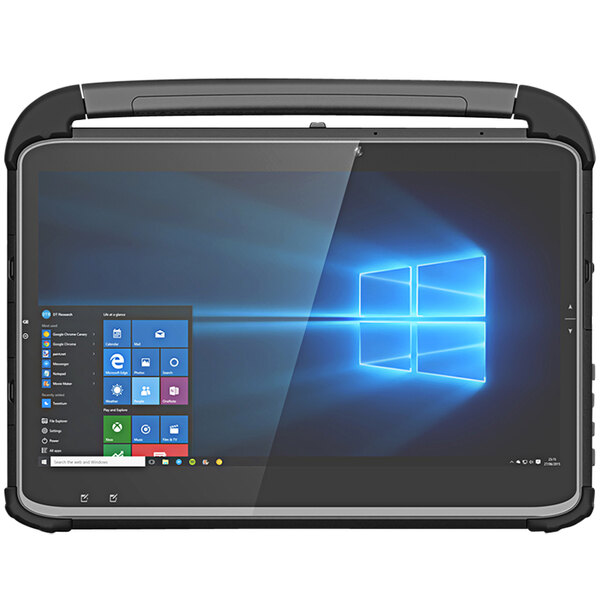 A DT Research rugged tablet on a table with a blue screen.