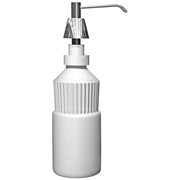 A white American Specialties, Inc. liquid soap dispenser with a metal pump.