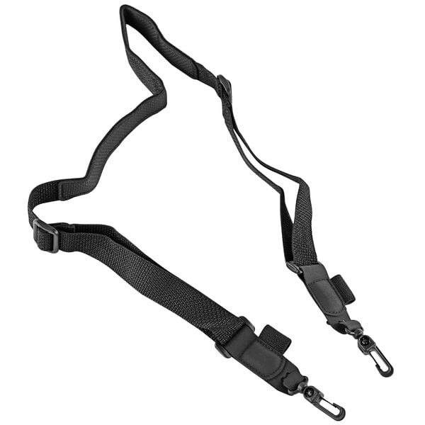 A black Zebra detachable shoulder strap with snap hooks.