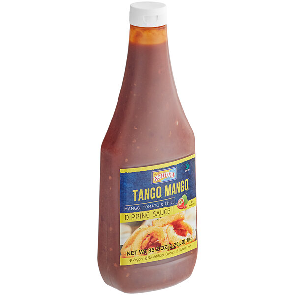 A case of Ashoka Tango Mango Dipping Sauce bottles with labels.