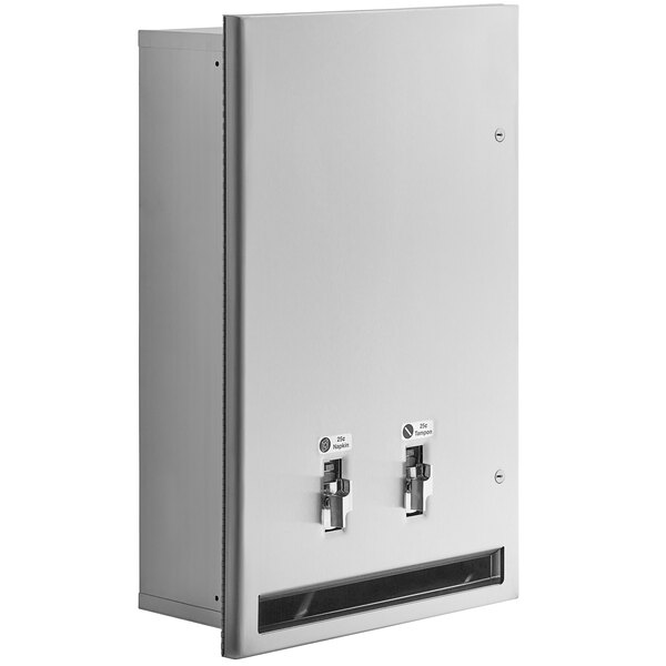 An American Specialties, Inc. stainless steel wall mounted sanitary napkin and tampon dispenser with two doors.