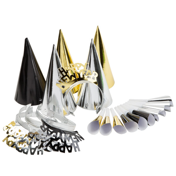 A Creative Converting New Year party kit with black, gold, and silver party hats and supplies.