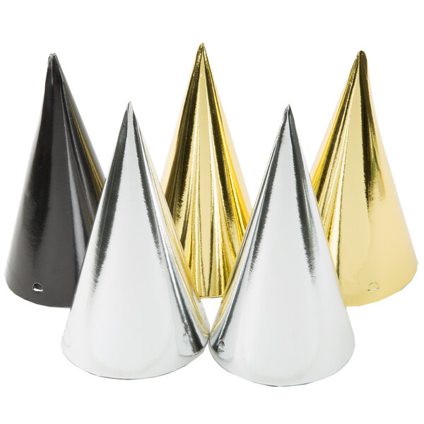 A group of black, gold, and silver cone party hats.