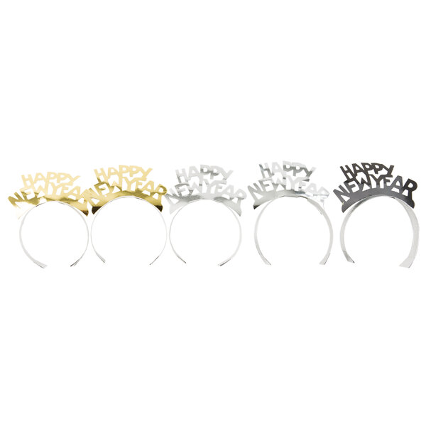 A Creative Converting New Year party kit with headbands that say "Happy New Year" in black, gold, and silver.