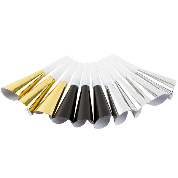 A Creative Converting New Year party kit with silver, gold, and black party horns and paper cones.