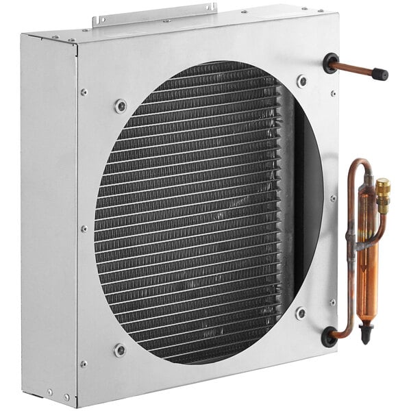 A white metal box with a round hole and copper pipes inside.