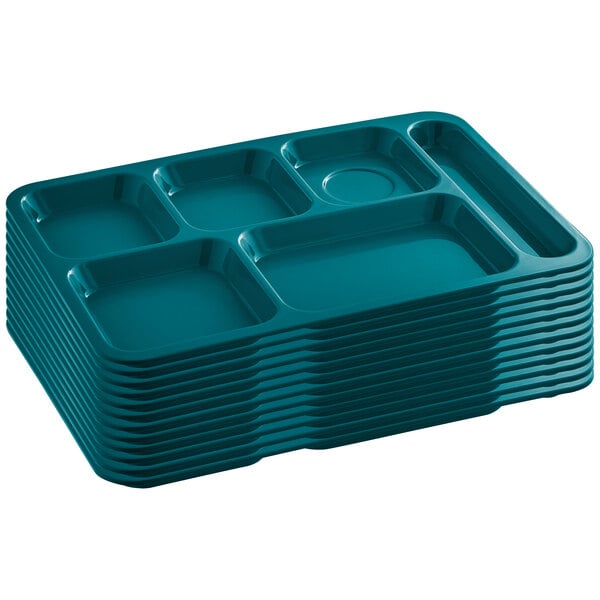 Choice 10 x 14 Right Handed Heavy-Duty Melamine NSF Ocean Teal 6  Compartment Tray - 12/Pack