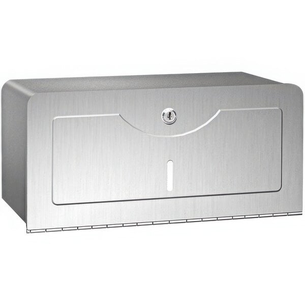 A close-up of a stainless steel American Specialties, Inc. C-fold and multifold paper towel dispenser with a keyhole.