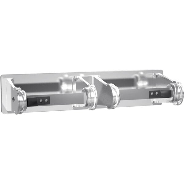 A stainless steel American Specialties, Inc. surface-mounted double roll toilet tissue holder with three holes.