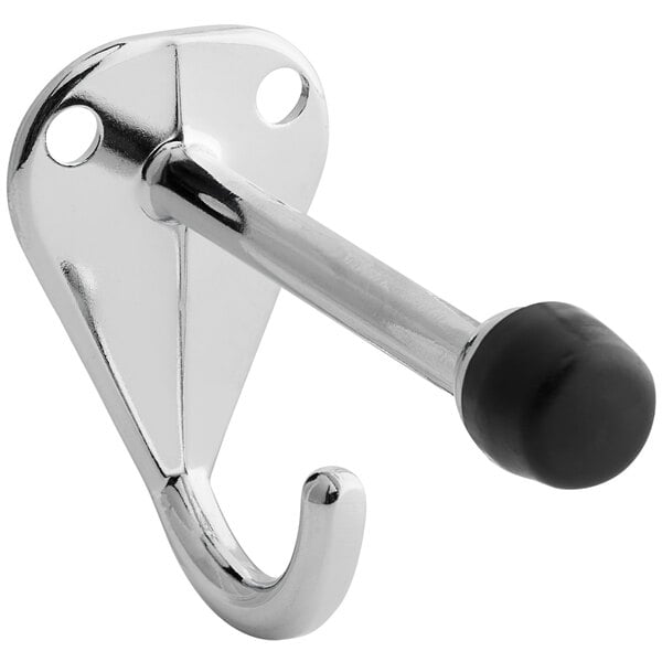A silver metal coat hook with a black rubber bumper.