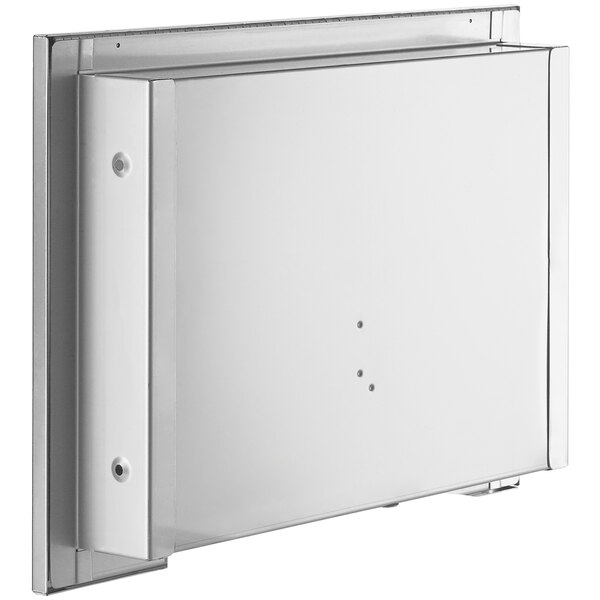 A white rectangular stainless steel recessed toilet seat cover dispenser with a clear plastic cover over rectangular holes.