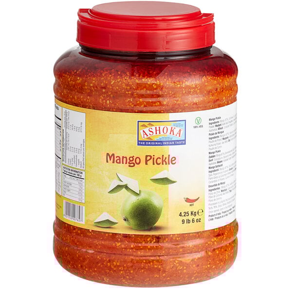 A case of four jars of Ashoka Mango Pickle with a label.