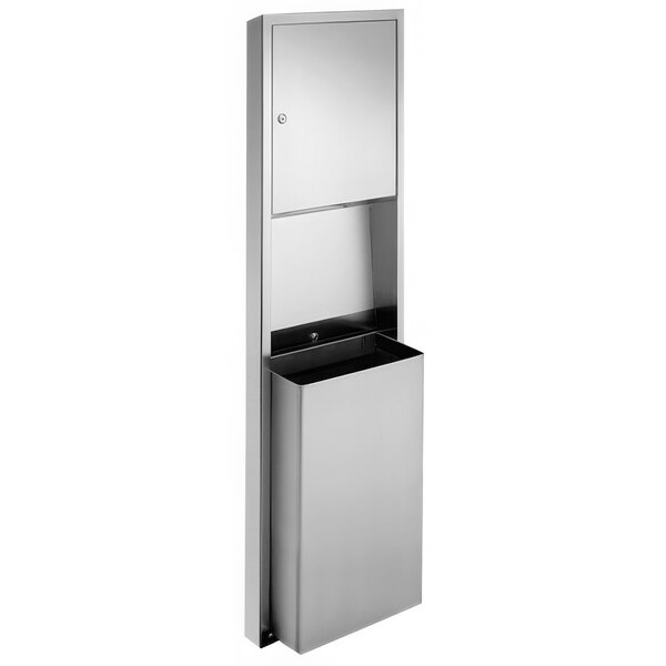 An American Specialties, Inc. stainless steel surface-mounted paper towel dispenser and waste receptacle.