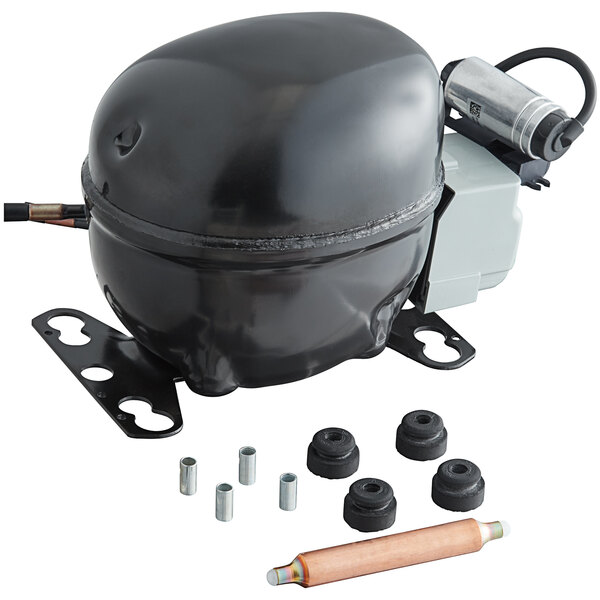 A black air compressor with a metal box and wires.