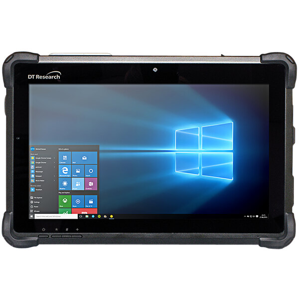 A DT Research 311T rugged tablet with a blue screen on a table in a bar.