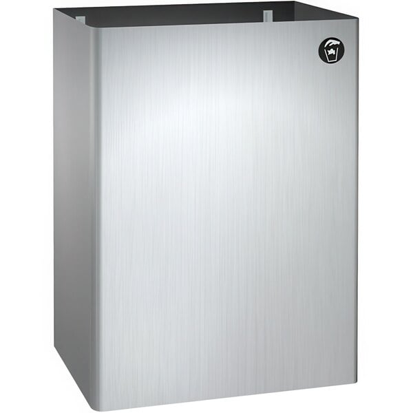 A stainless steel rectangular waste receptacle by American Specialties, Inc. with a black label.