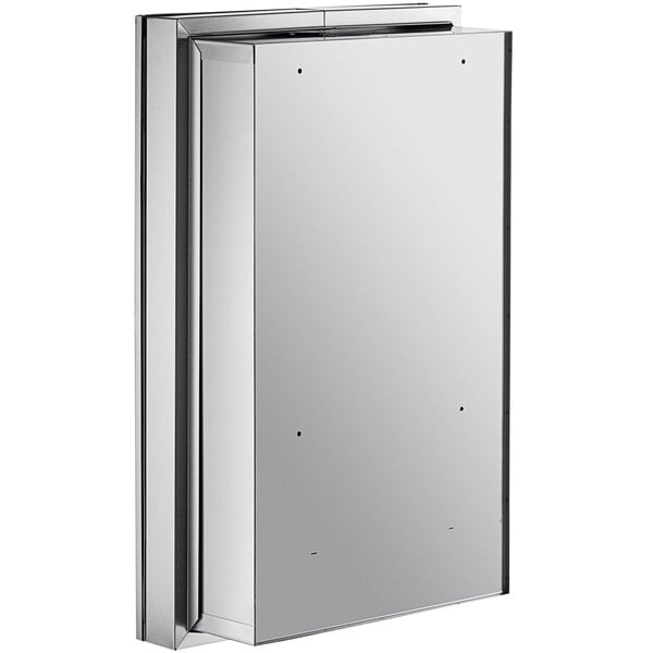 An American Specialties, Inc. stainless steel semi-recessed dual sanitary napkin/tampon dispenser with a mirror.