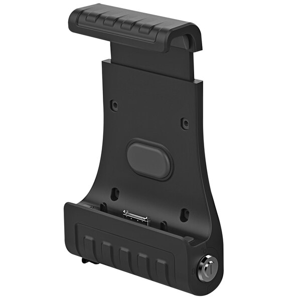 A black plastic wall / vehicle mount cradle for DT380 tablets with a port and a lock.