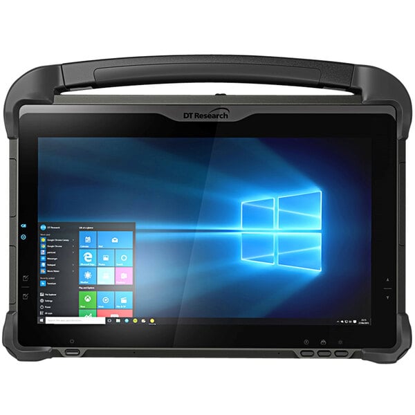 A black DT Research rugged tablet with a blue screen on a table.