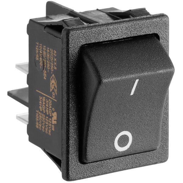 A Narvon black rocker switch with white text.