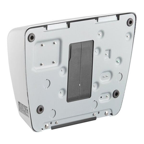 The image shows the underside of a white, surface-mounted electronic device with a rectangular black panel in the center and several screws and mounting points visible.