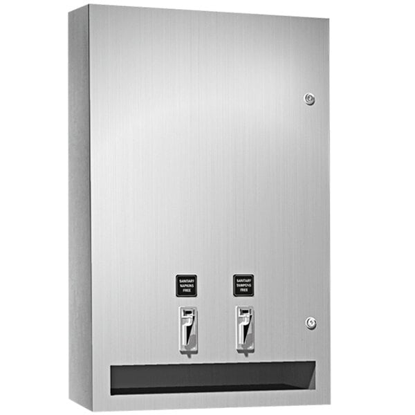 An American Specialties, Inc. stainless steel dual sanitary napkin/tampon dispenser with two doors.