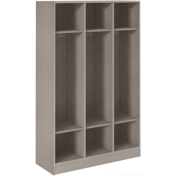 A grey I.D. Systems locker with three shelves and two doors.