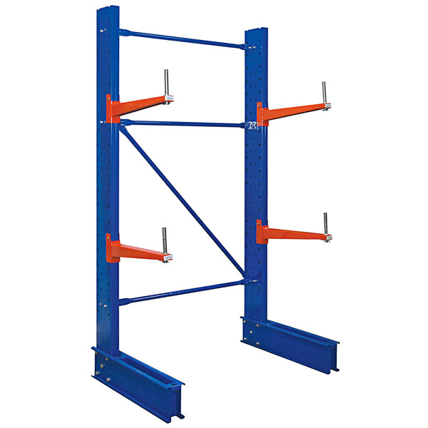 A blue and orange metal Vestil cantilever rack with two arms.