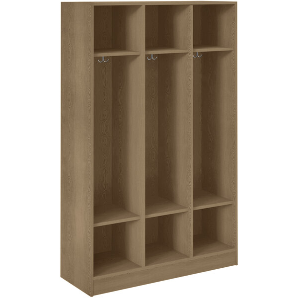 A wooden Roman Walnut triple storage locker with two shelves and hooks.