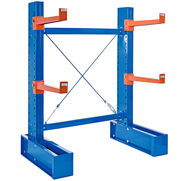 A blue and orange metal Vestil cantilever rack with two arms.