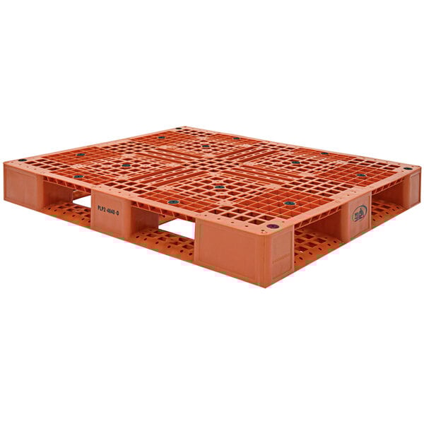 An orange Vestil plastic pallet with four holes.