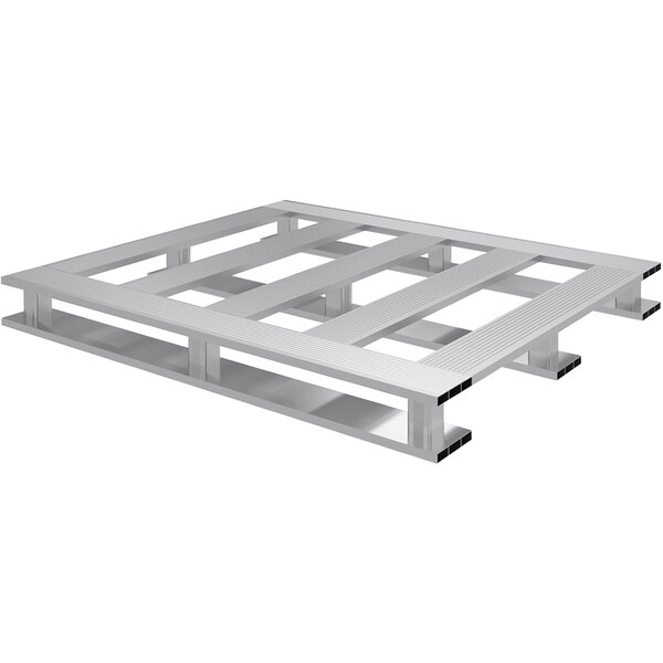 An aluminum Vestil pallet with skid bottom.