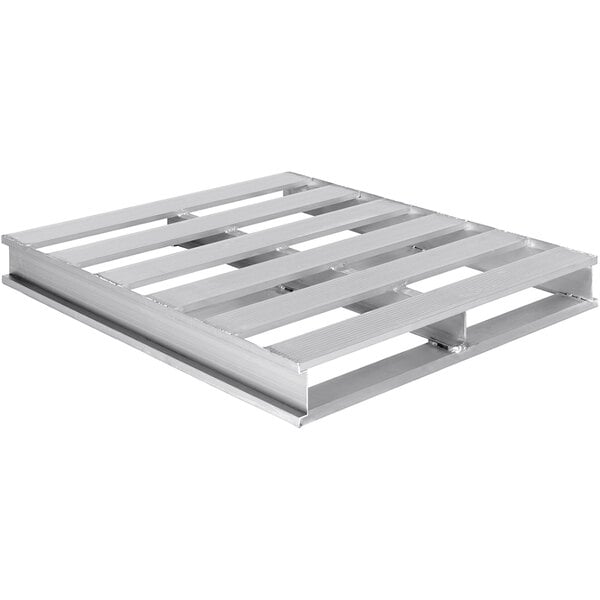 A silver aluminum Vestil pallet with wooden slats.