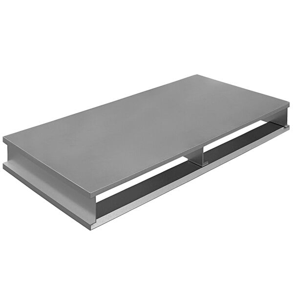 A silver rectangular Vestil aluminum half pallet with a metal base.