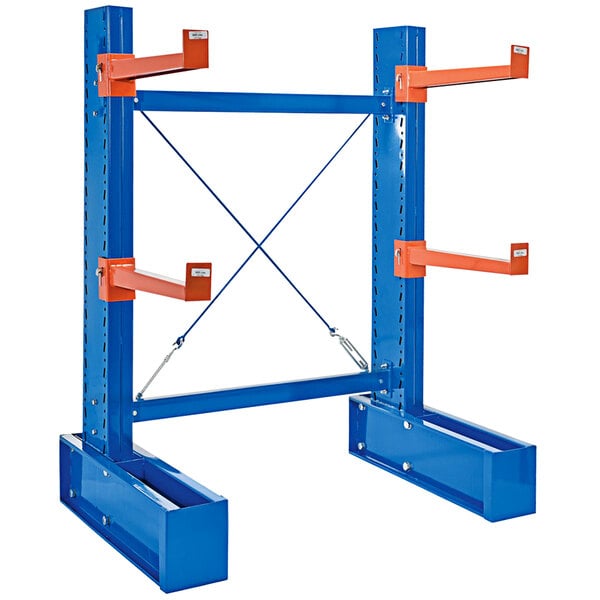 A blue and orange metal Vestil cantilever rack with two shelves.