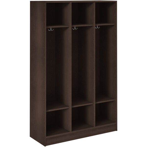 A brown wooden locker with three shelves and two doors.