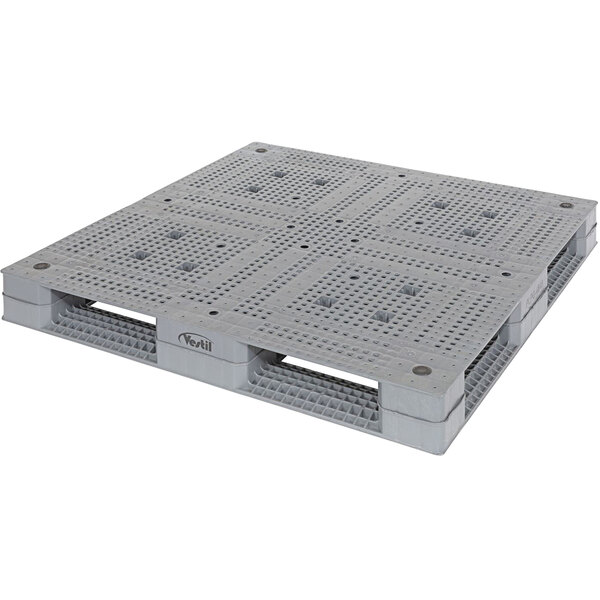 A gray Vestil plastic pallet with four holes.