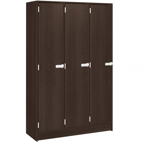 A brown locker with silver handles and two shelves.