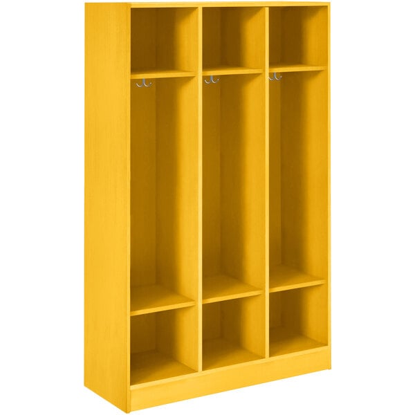 A sun yellow I.D. Systems triple storage locker with shelves.