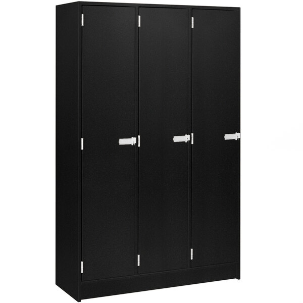 A black metal I.D. Systems storage locker with three doors and white handles.
