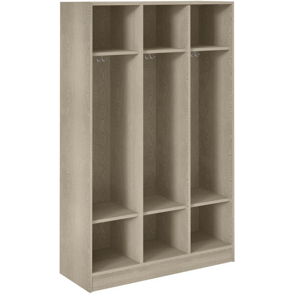 A natural elm locker with three shelves and two doors.