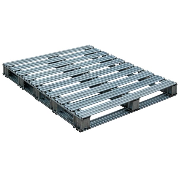 A Vestil galvanized metal pallet with metal slats.