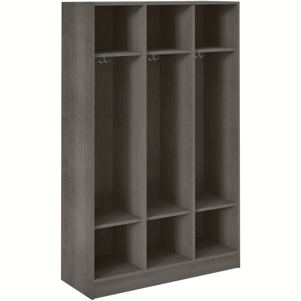 A dark elm wooden locker with three shelves and two doors.