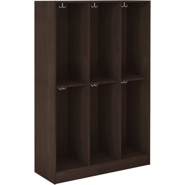 A brown storage locker with shelves and doors.