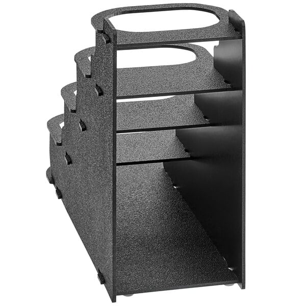 A black metal 4-section stepped condiment bottle organizer.