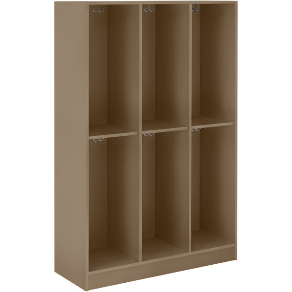 A brown I.D. Systems triple storage locker with shelves and hooks.