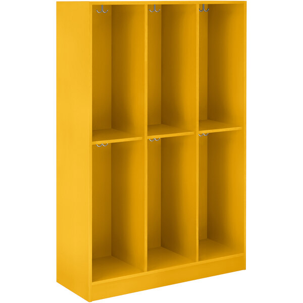 A sun yellow I.D. Systems triple storage locker with yellow shelves and hooks.